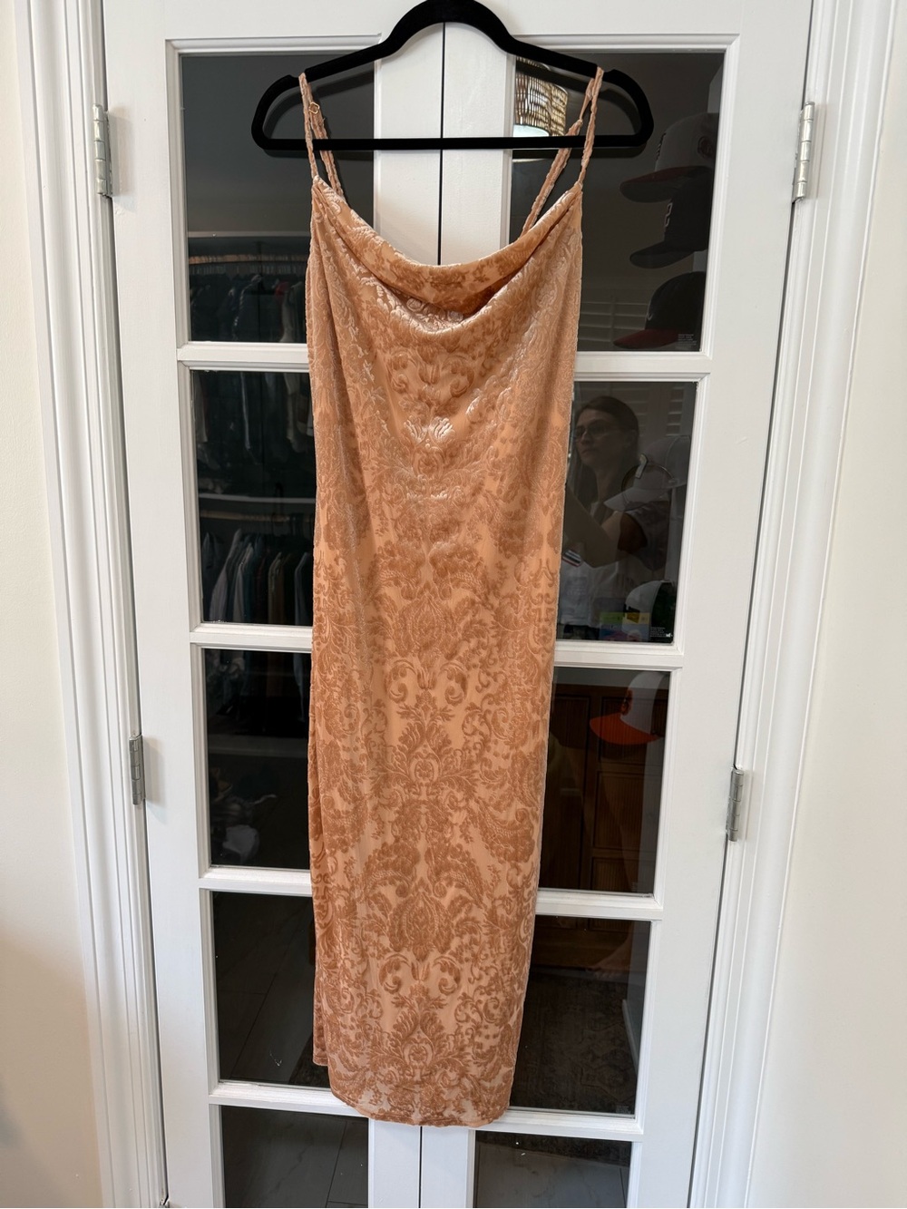bebe peachy champagne Velvet Cowl Maxi Dress